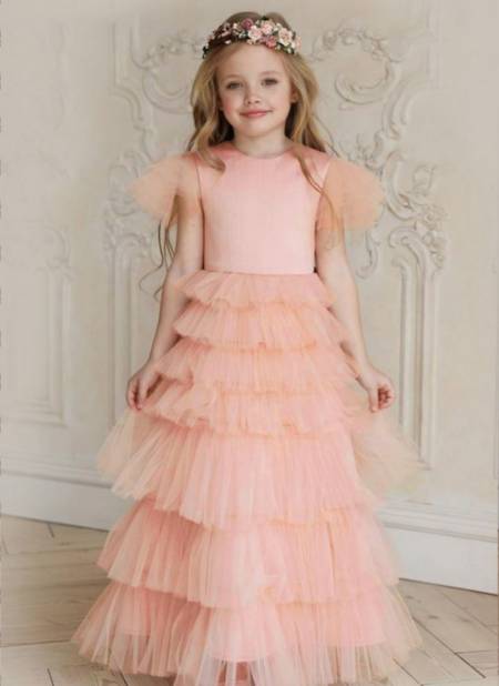 Peach Colour Exclusive Party Wear Designer South Cotton With Soft Net Kids Heavy Gown Girls Wear Collcetion Kajri-4
